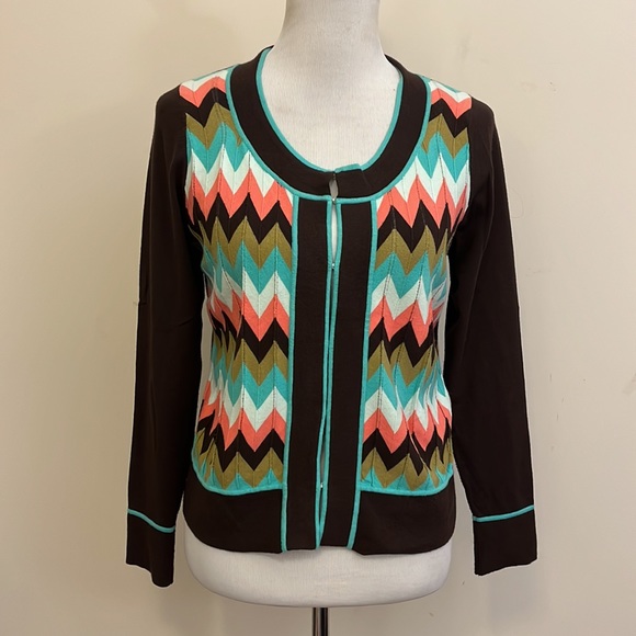 Milly of New York Retro Brown Aqua Salmon Chevron Cardigan Size Large - Picture 1 of 7